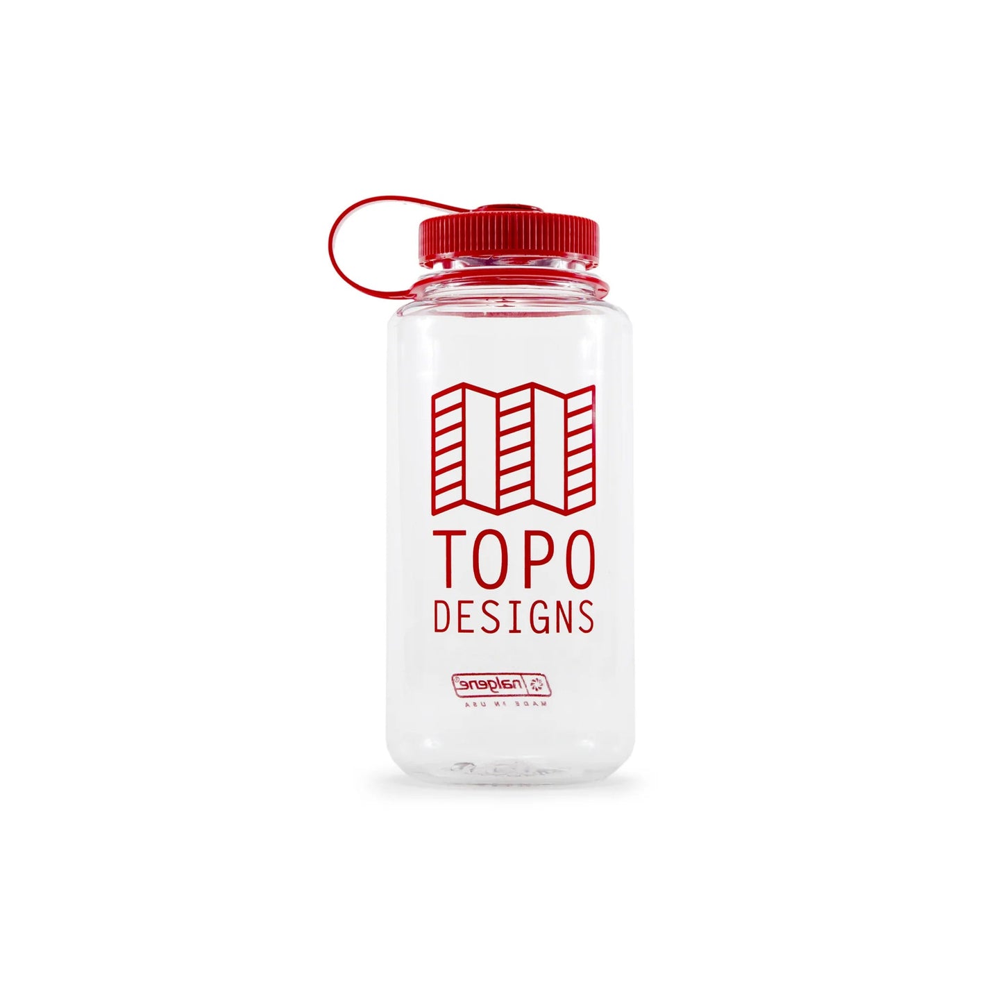 Topo Designs Nalgene 32 oz Wide Mouth Water Bottle with Red Map Logo in "Clear / Red".
