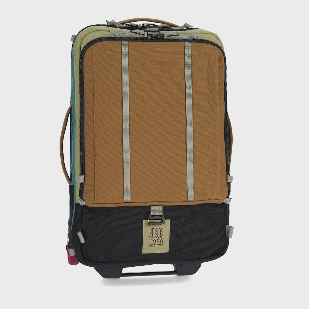 General video of Topo Designs Global Travel Bag Roller in "Caribbean / Dark Khaki"