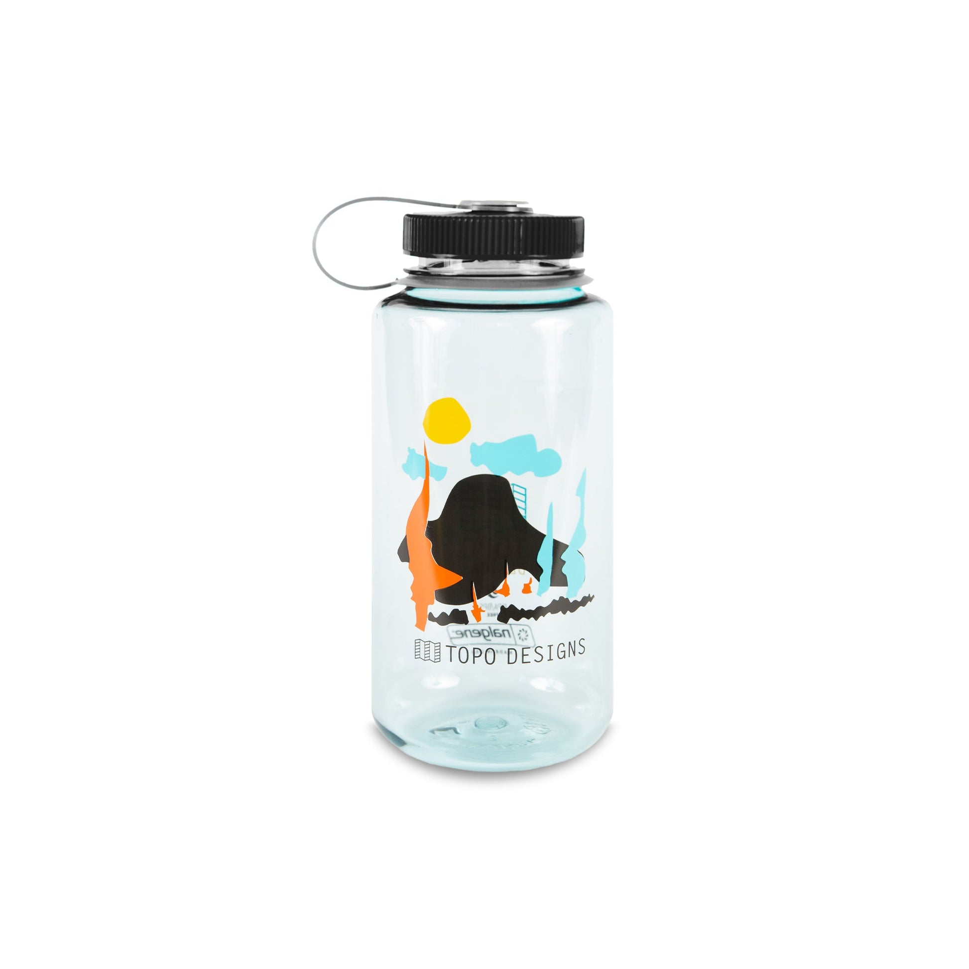 Topo Designs Nalgene 32 oz Wide Mouth Water Bottle in Clear with "Landscape" & Black Lid.