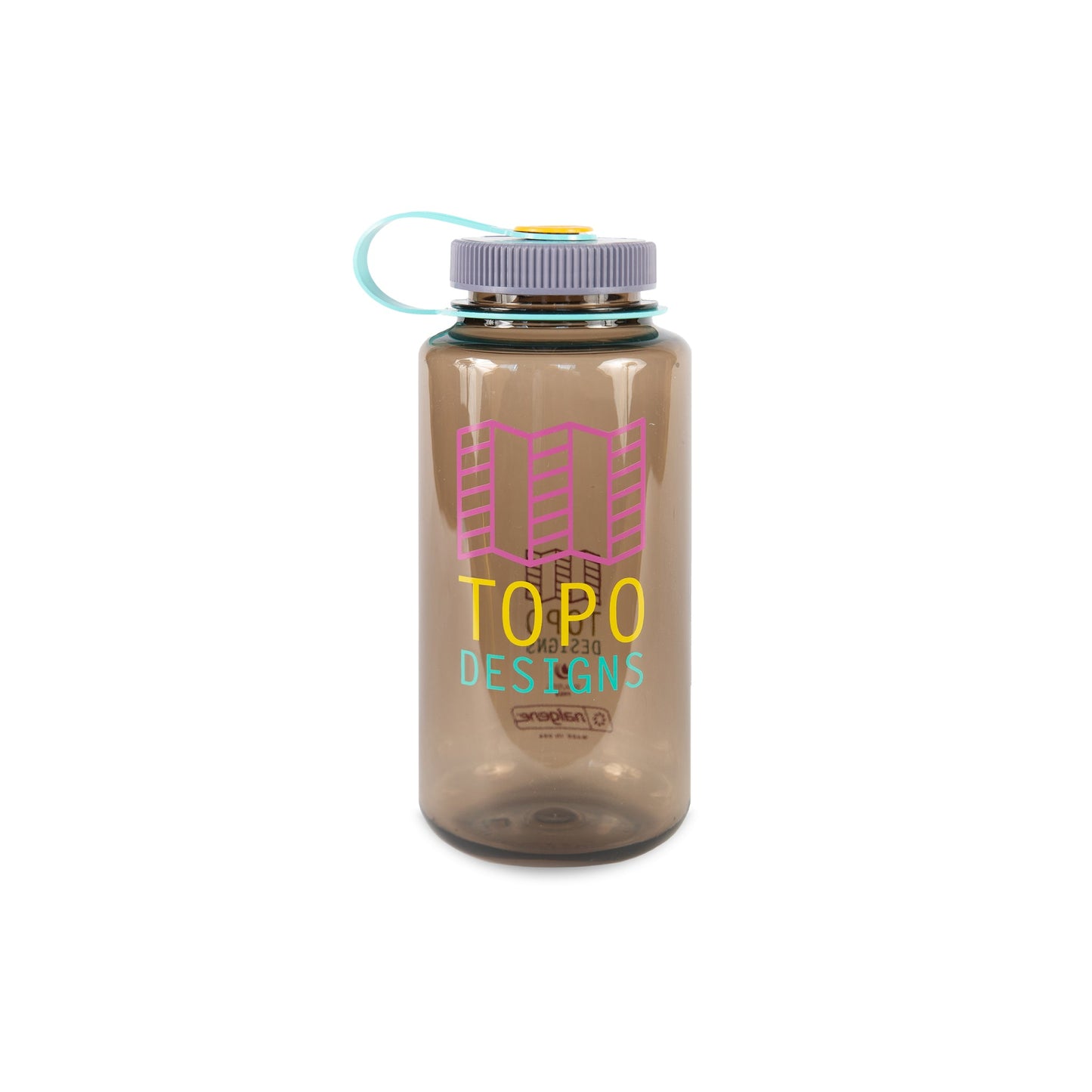 Topo Designs Nalgene 32 oz Wide Mouth Water Bottle in "Brown / Pink" with Multi-color Map Logo.