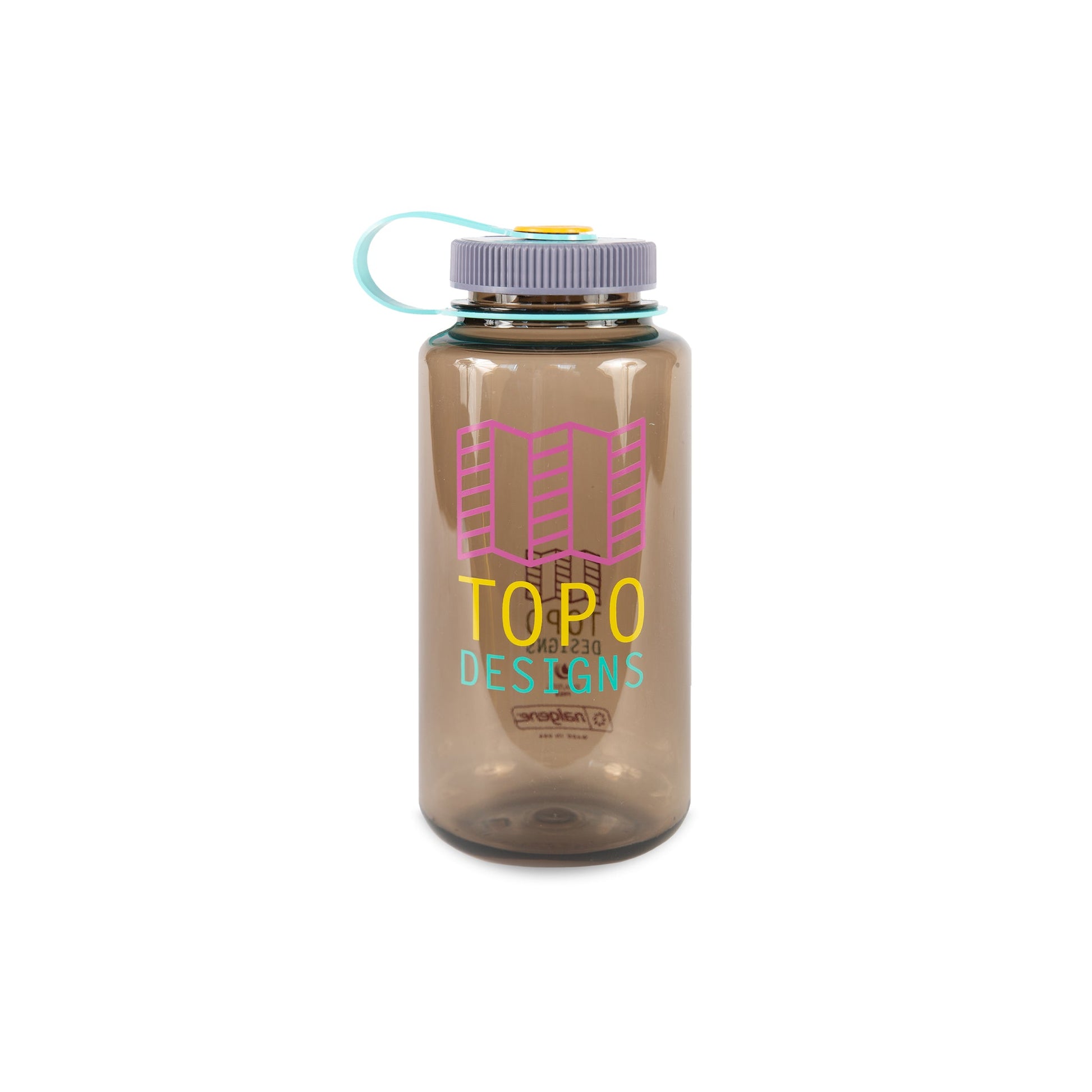 Topo Designs Nalgene 32 oz Wide Mouth Water Bottle in "Brown / Pink" with Multi-color Map Logo.