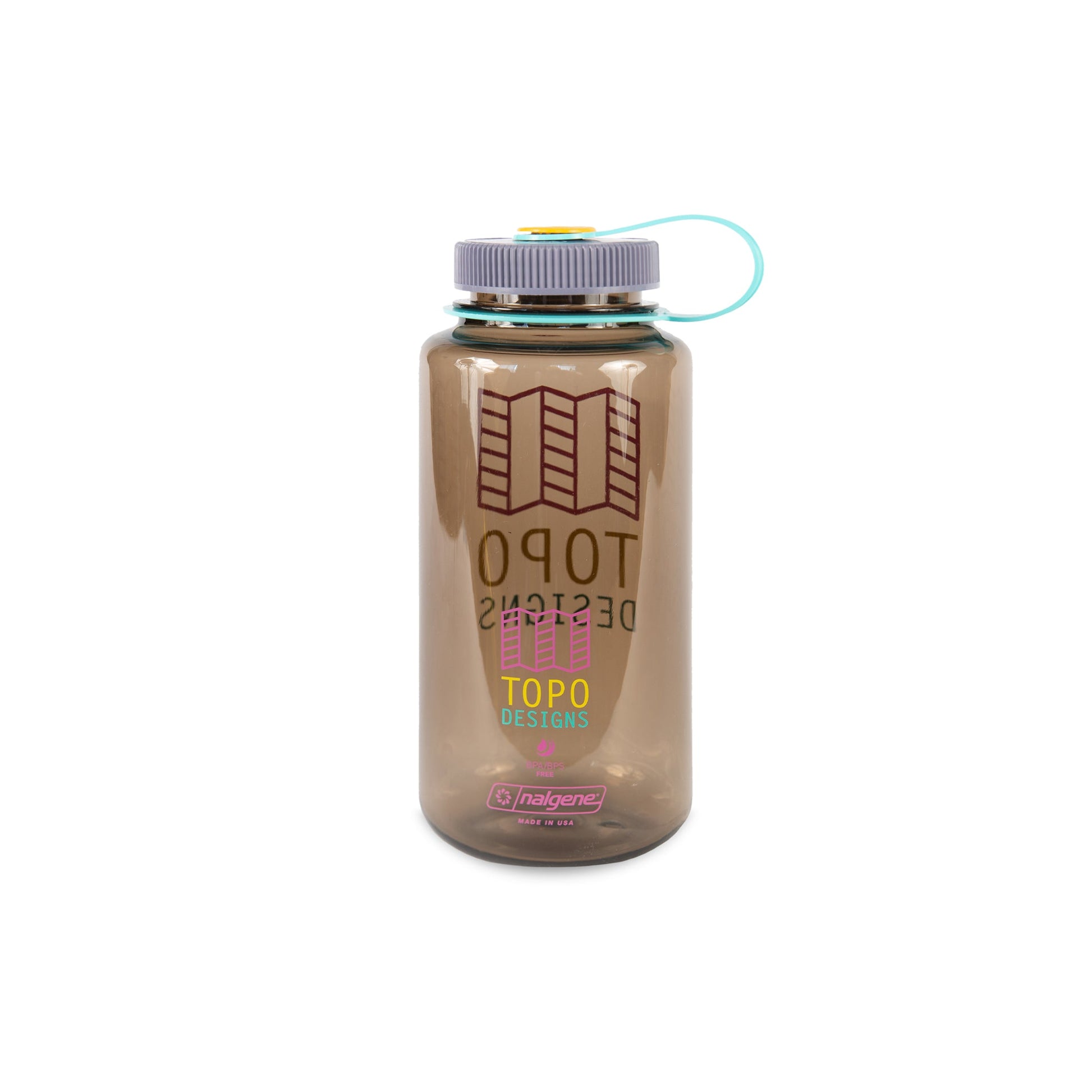 Topo Designs Nalgene 32 oz Wide Mouth Water Bottle in "Brown / Pink" with Multi-color Map Logo.