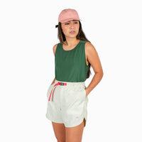 General shot of Topo Designs Women's River quick-dry swim Shorts in light mint on model.