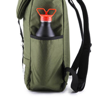 General side detail shot of Topo Designs Y-Pack in olive green showing water bottle pocket