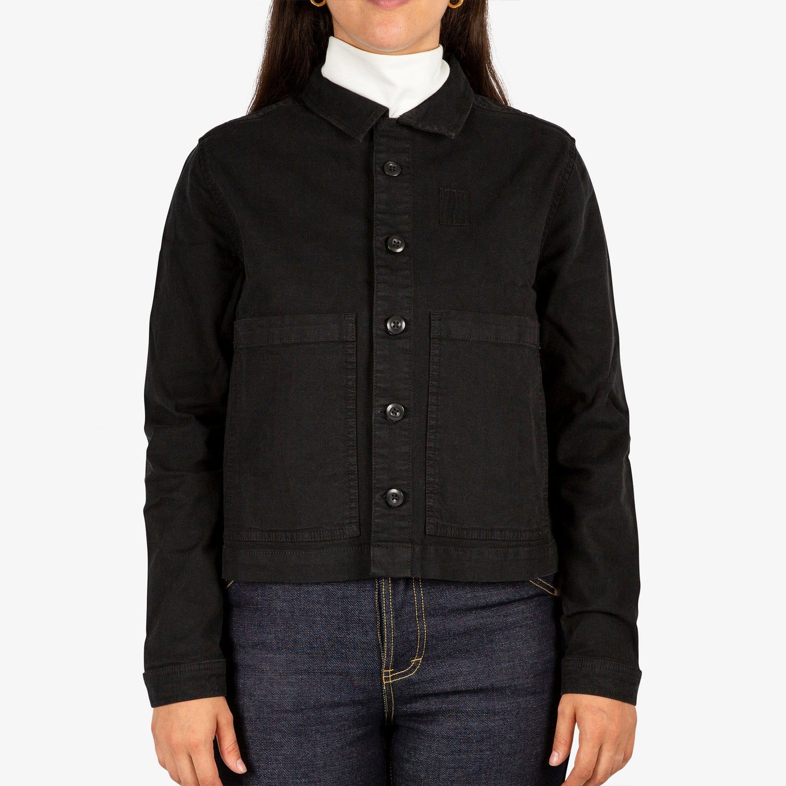 Front model shot of Topo Designs Women's Dirt Jacket in "Black".