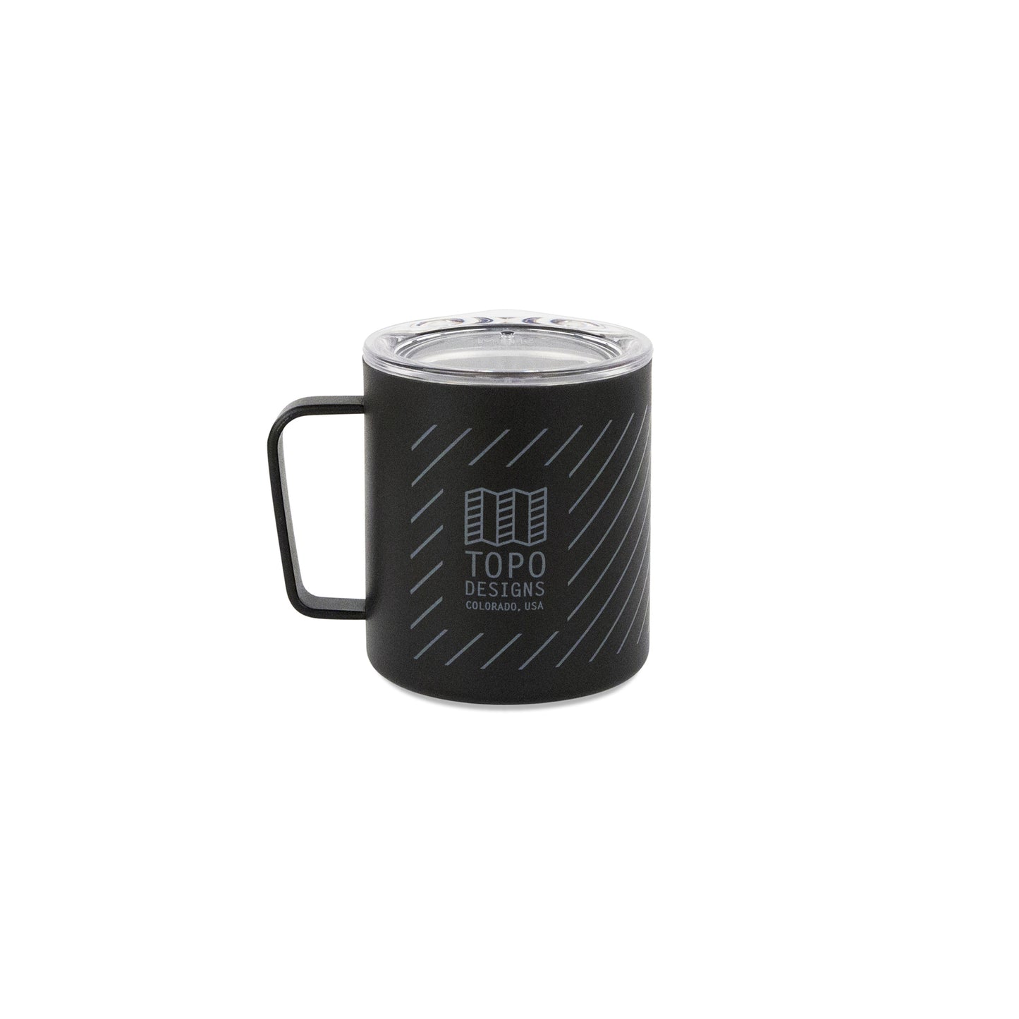 Full front product shot of the Topo Designs x Miir Camp Mug in "Black" showing Topo Designs logo design.