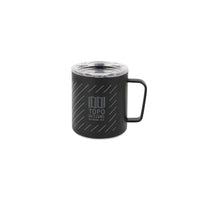 Full front product shot of the Topo Designs x Miir Camp Mug in "Black" showing Topo Designs logo design.