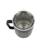Full top product shot of the Topo Designs x Miir Camp Mug in "Black" showing lid fitting.