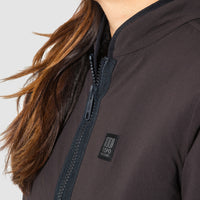 General front model shot of the sherpa jacket in "black / black" showing the reversible YKK zipper closure