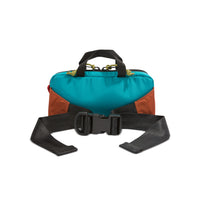 General back product shot of Topo Designs Mini Quick Pack in clay/turquoise showing seatbelt waist strap
