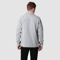 Back model shot of men's wool shirt in "gray"