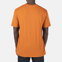 General close-up back model shot of the Men's Short Sleeve Sun Tee in clay orange.