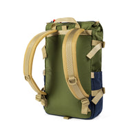 General 3/4 back product shot of the Topo Designs Rover Pack Classic in Olive/Navy showing backpack straps.
