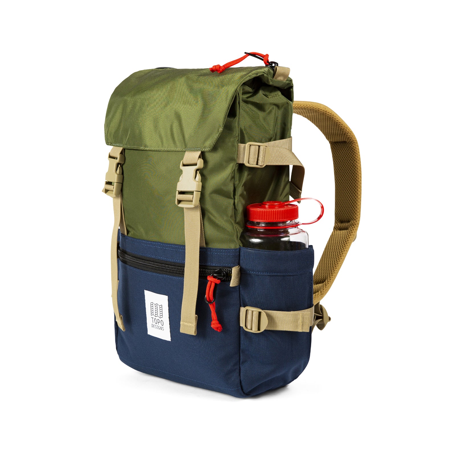General 3/4 front detail shot of the Topo Designs Rover Pack Classic in Olive/Navy showing Nalgene water bottle in expandable side pocket.