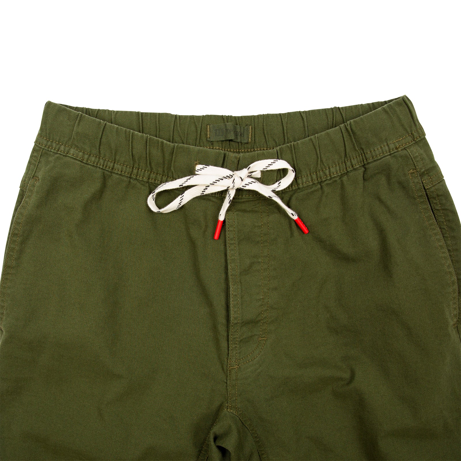 General detail shot of Topo Designs Men's Dirt Pants in Olive green showing drawstring waistband.