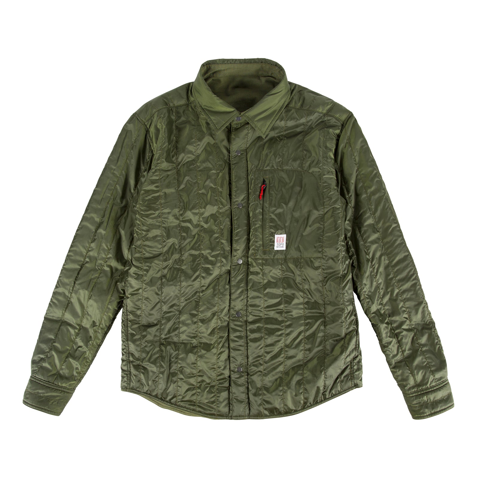 General inside shot of Topo Designs Men's Insulated Shirt Jacket in "Olive" showing lining.