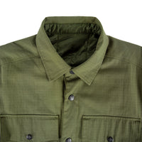 General front detail shot of Men's Topo Designs Insulated Shirt Jacket in Olive green showing collar.