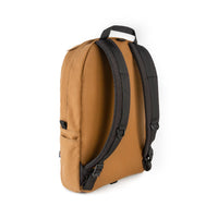 Topo Designs Made in USA Daypack Heritage Canvas in " Dark Khaki Canvas / Dark Brown Leather" Dark Khaki and Brown Leather showing backpack straps.