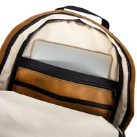 General detail shot of Topo Designs Daypack Heritage Canvas in Dark Khaki Canvas/Dark Brown Leather showing interior laptop sleeve.