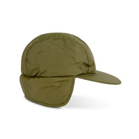 Topo Designs Puffer Cap insulated hat with ear flaps in "Olive" green.