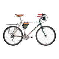 General shot of Topo Designs Bike Frame Bag in olive green clay orange lightweight recycled nylon on bike.