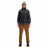 Front model shot of Topo Designs Men's Mountain Puffer recycled insulated Vest in "Black".
