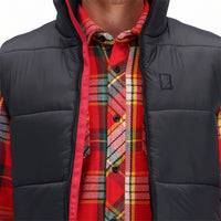 General front detail shot of Topo Designs Men's Mountain Puffer recycled insulated Vest in "Black".