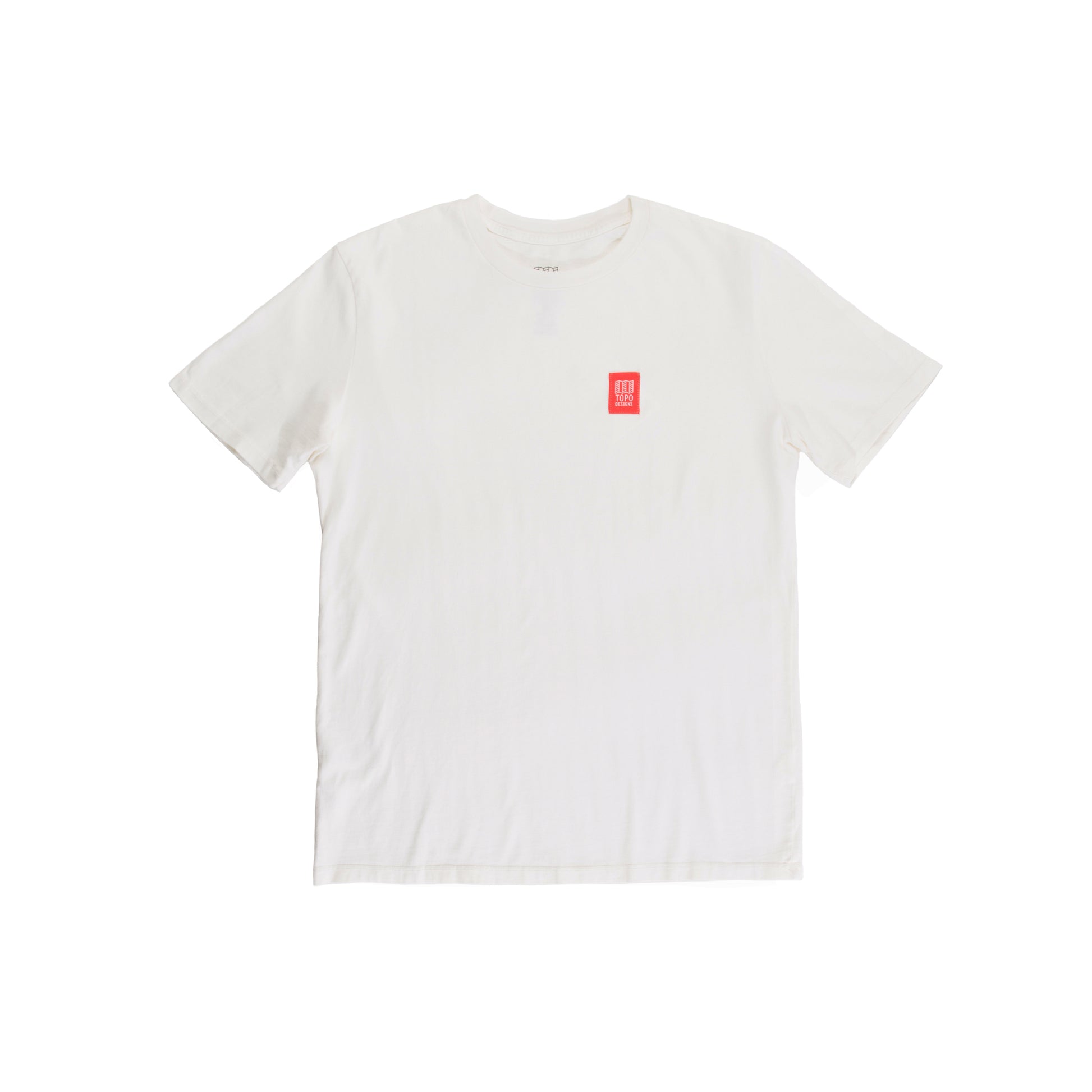 Front product shot of Topo Designs Men's Label short sleeve t-shirt in "Natural" white.