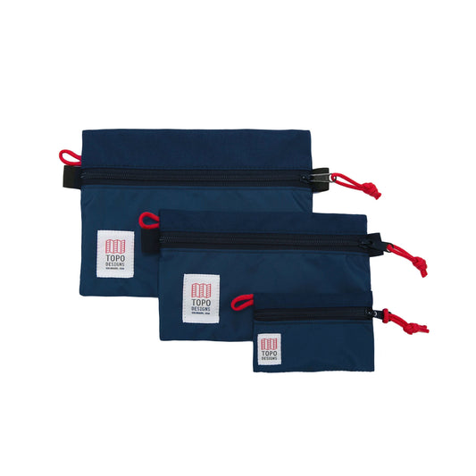 Topo Designs Accessory Bags - product shot of the "Medium", "Small", and "Micro" accessory bags in "Navy" blue.
