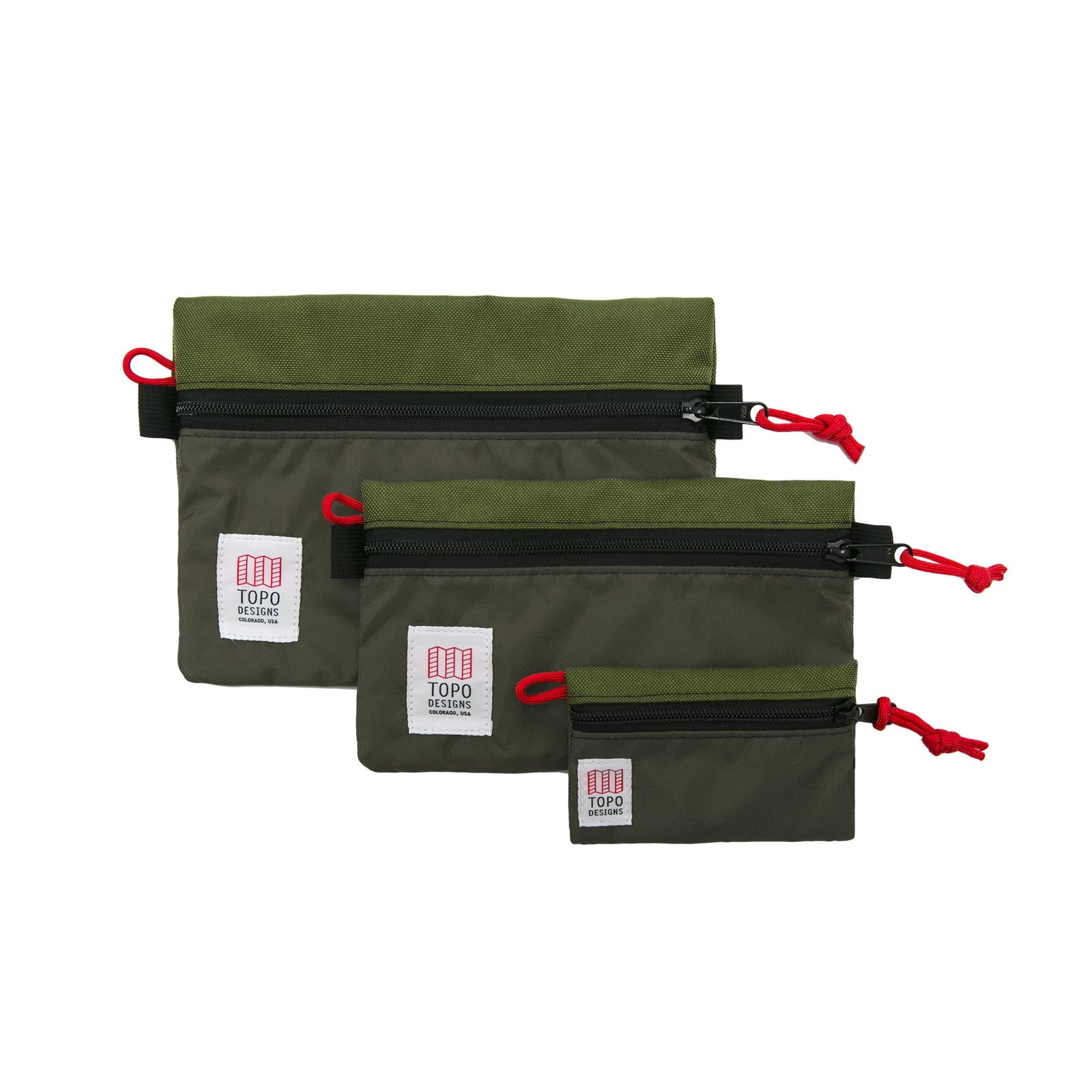 Topo Designs Accessory Bags - product shot of the "Medium", "Small", and "Micro" accessory bags in "Olive - Recycled" "Olive".