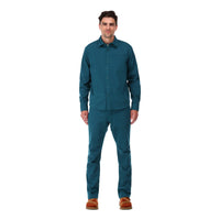 Topo Designs Men's Dirt Shirt long sleeve organic cotton button-up in "pond blue" on model front, show on "dark khaki", "charcoal", and "brick".