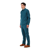 Topo Designs Men's Dirt Shirt long sleeve organic cotton button-up in "pond blue" on model side, show on "dark khaki", "charcoal", and "brick".