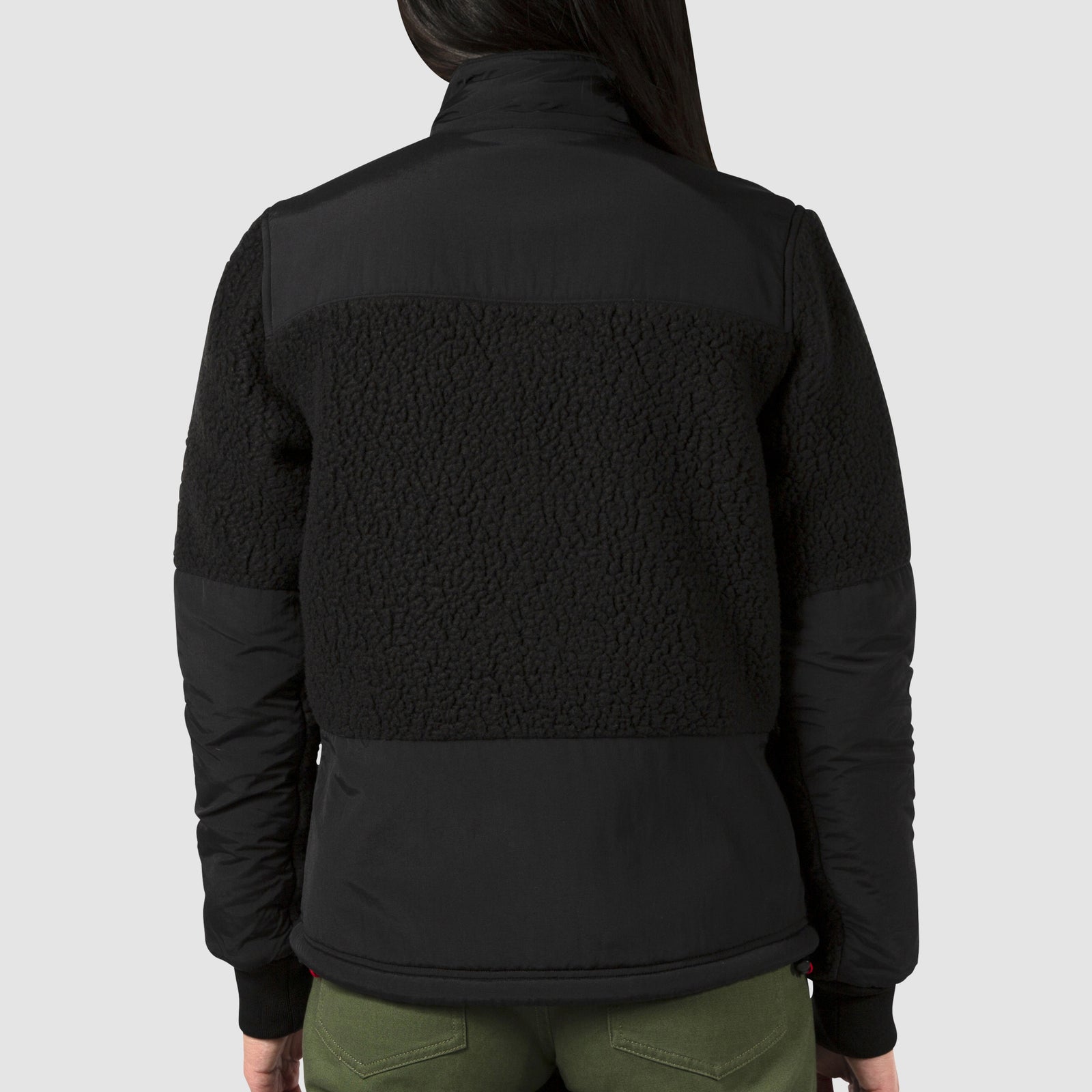 General back model shot of the women's subalpine fleece in black.
