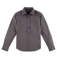 Topo Designs Men's Dirt Shirt long sleeve organic cotton button-up in "Charcoal" gray.