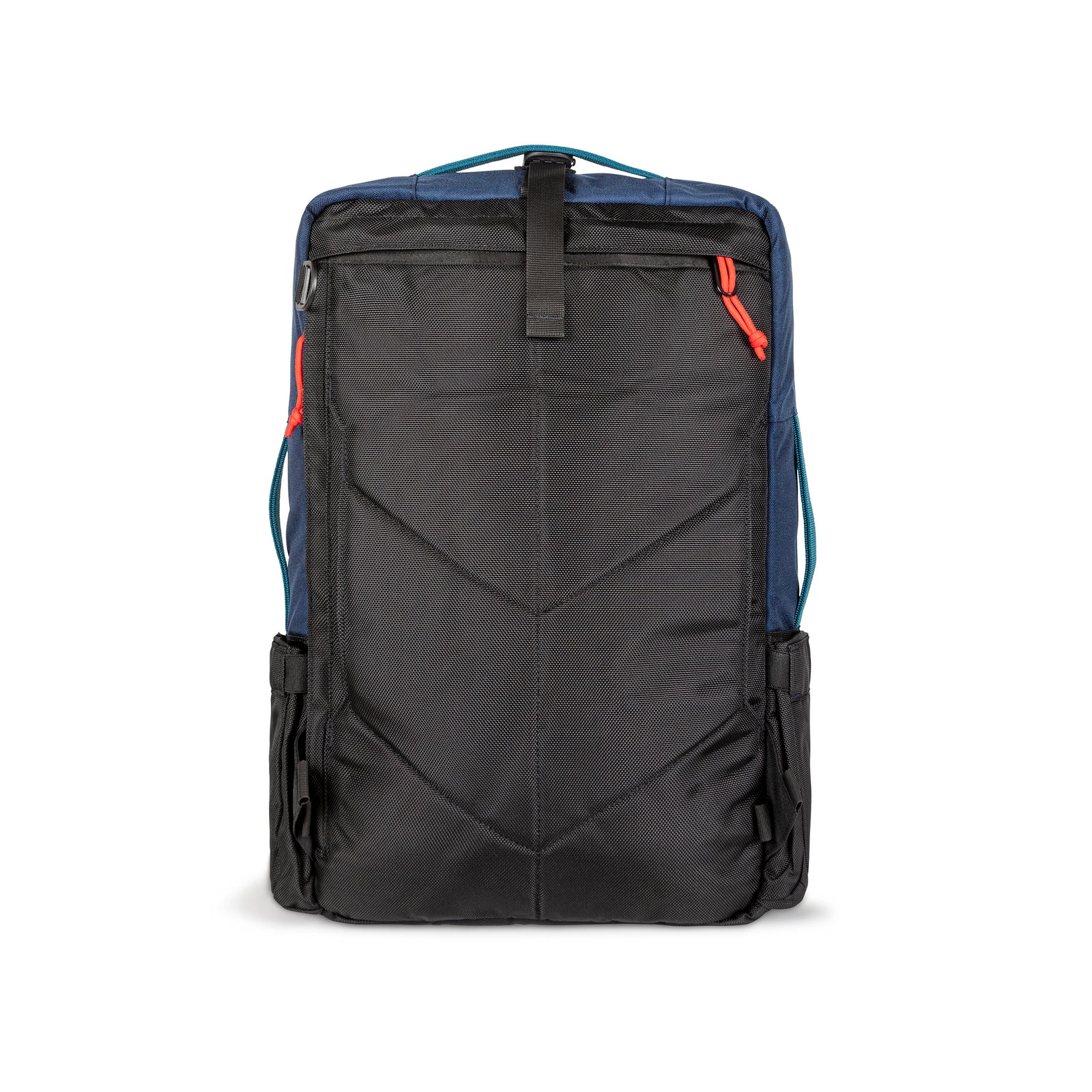 General back panel shot of Topo Designs Global Travel Bag 30L Durable Carry On Convertible Laptop Travel Backpack in Navy blue with straps tucked away.