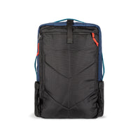 General back panel shot of Topo Designs Global Travel Bag 30L Durable Carry On Convertible Laptop Travel Backpack in Navy blue with straps tucked away.