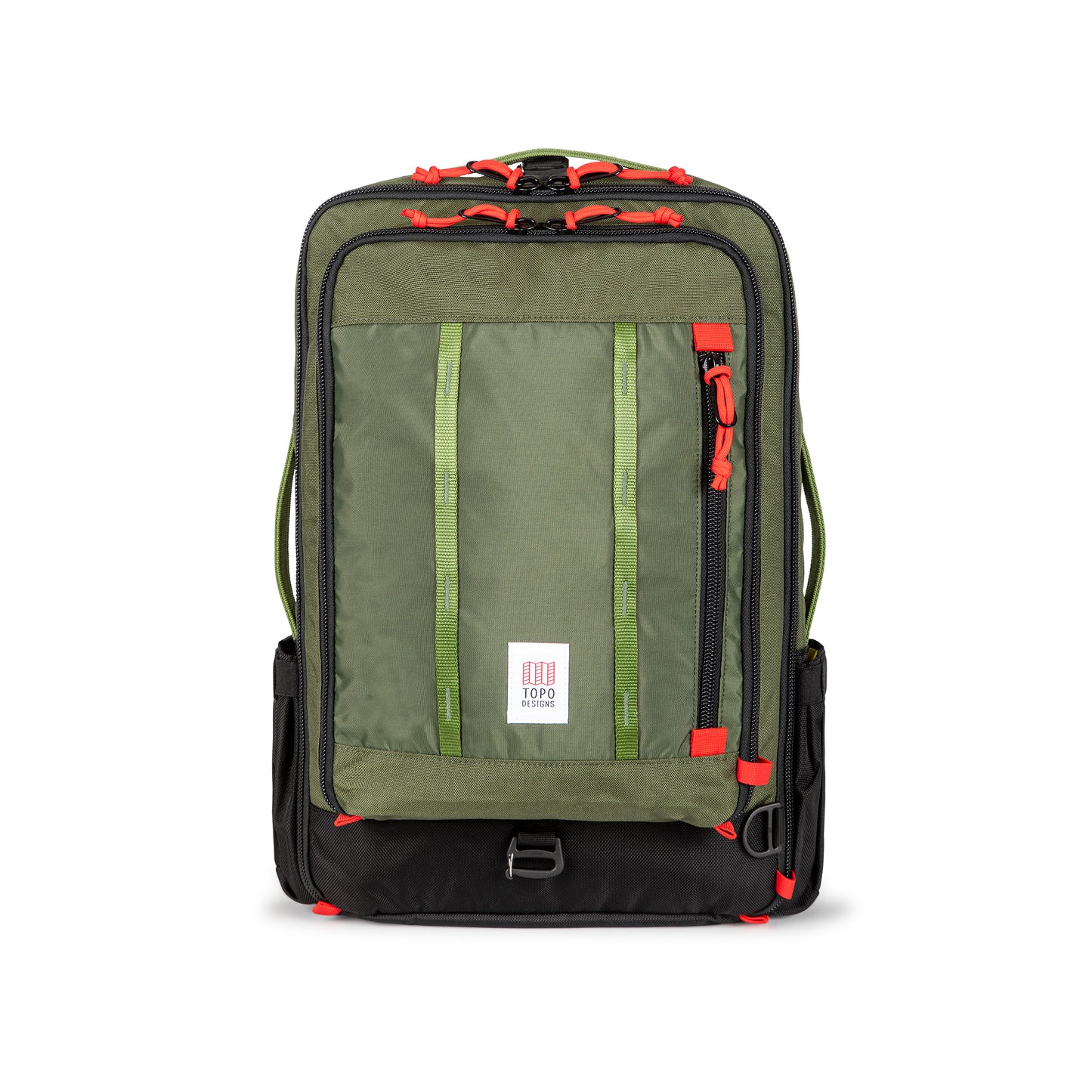 Topo Designs Global Travel Bag 30L Durable Carry On Convertible Laptop Travel Backpack in "Olive" green.