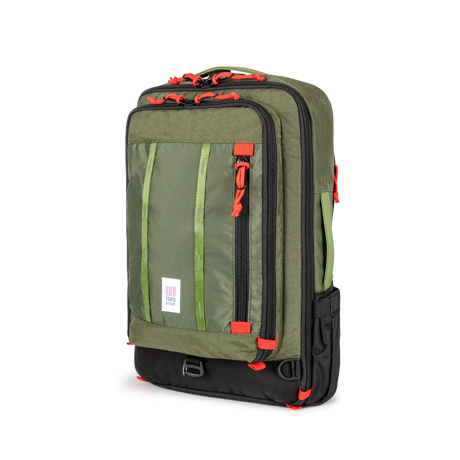 Topo Designs Global Travel Bag 30L Durable Carry On Convertible Laptop Travel Backpack in "Olive" green.