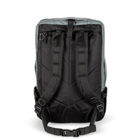 General shot of backpack straps & waist belt on Topo Designs Global Travel Bag 40L Durable Convertible Laptop carryon in Charcoal gray.