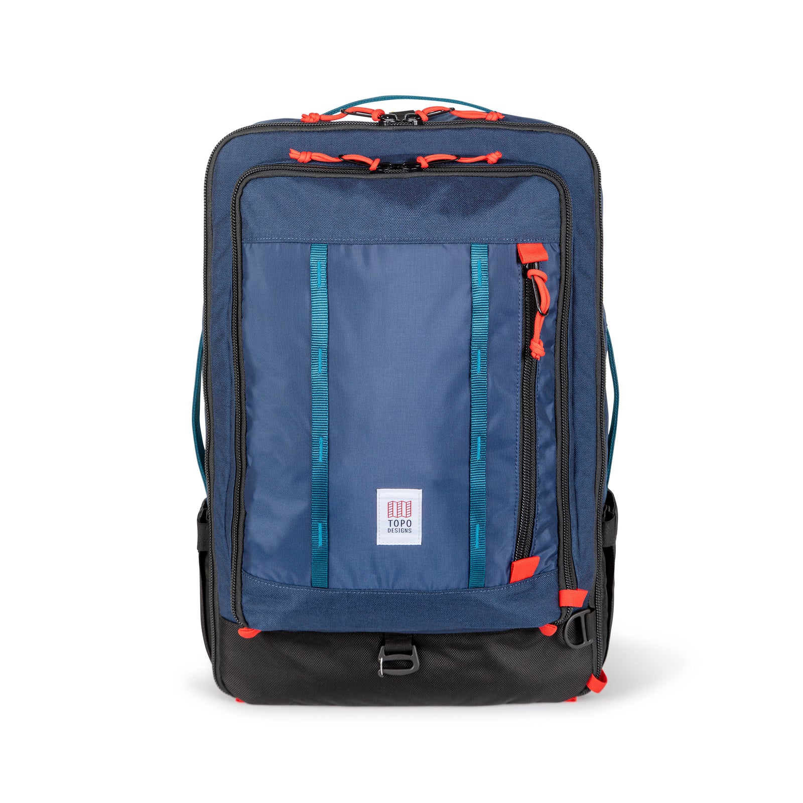 Topo Designs Global Travel Bag 40L Durable Carry On Convertible Laptop Travel Backpack in "Navy" blue.