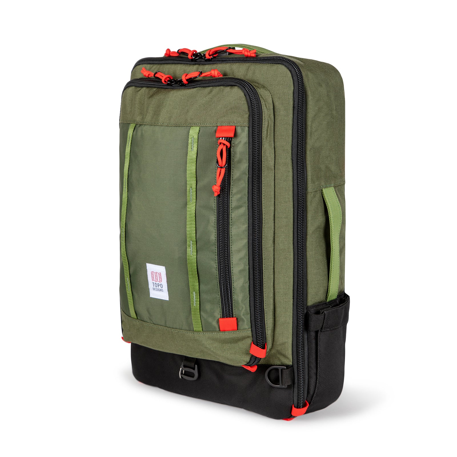 Topo Designs Global Travel Bag 40L Durable Carry On Convertible Laptop Travel Backpack in "Olive" green.