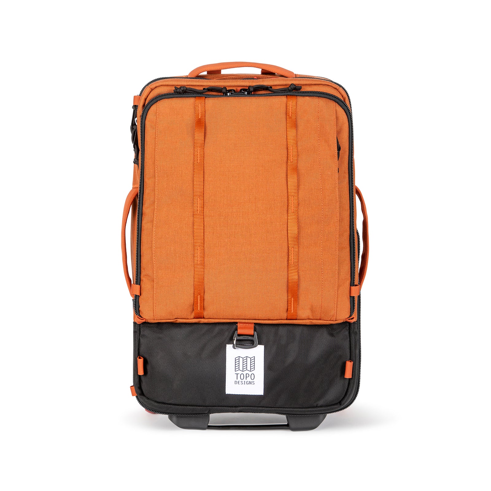 Topo Designs Global Travel Bag Roller durable carry-on convertible laptop backpack rolling suitcase in "Clay" orange.
