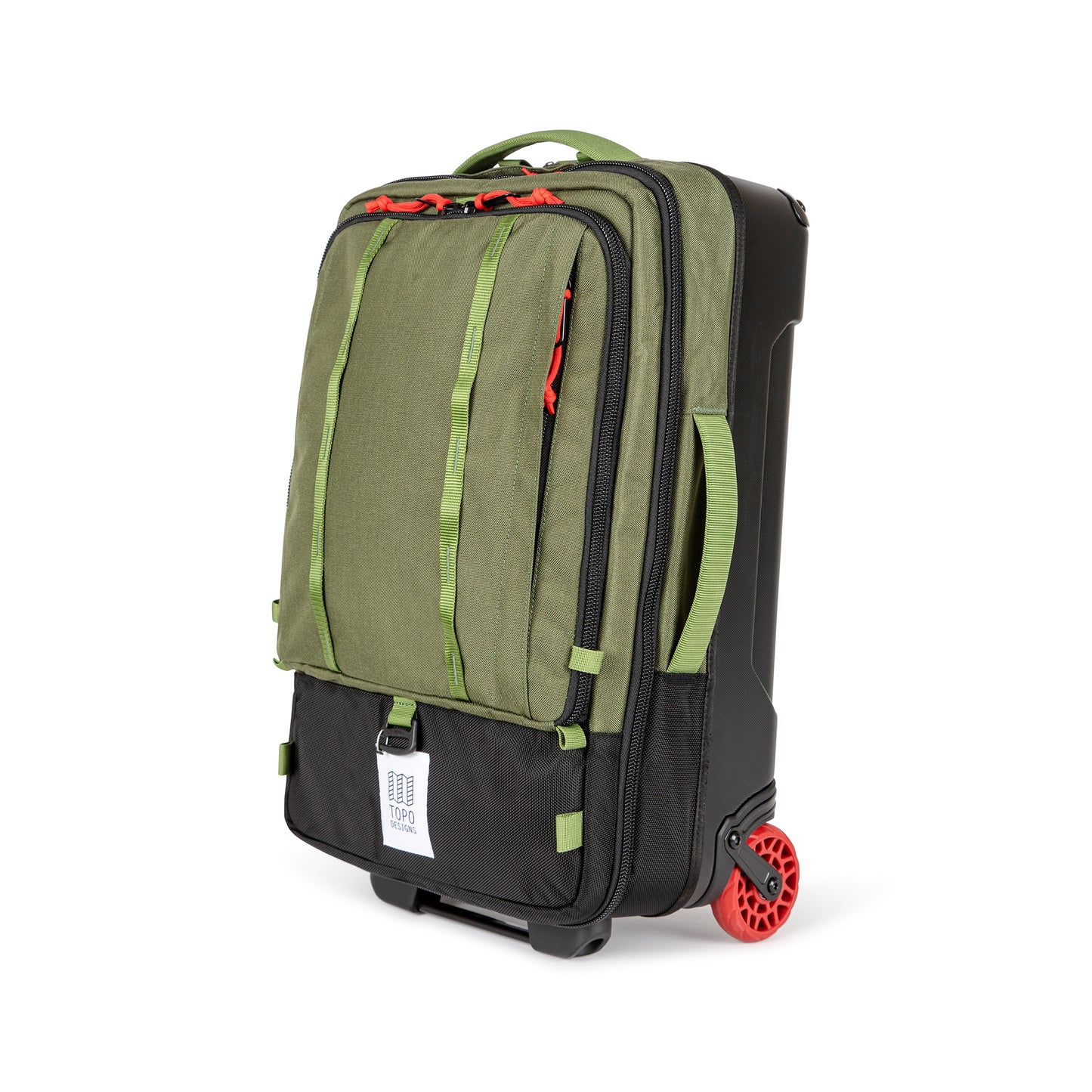 Topo Designs Global Travel Bag Roller durable carry-on convertible laptop backpack rolling suitcase in "Olive" green.