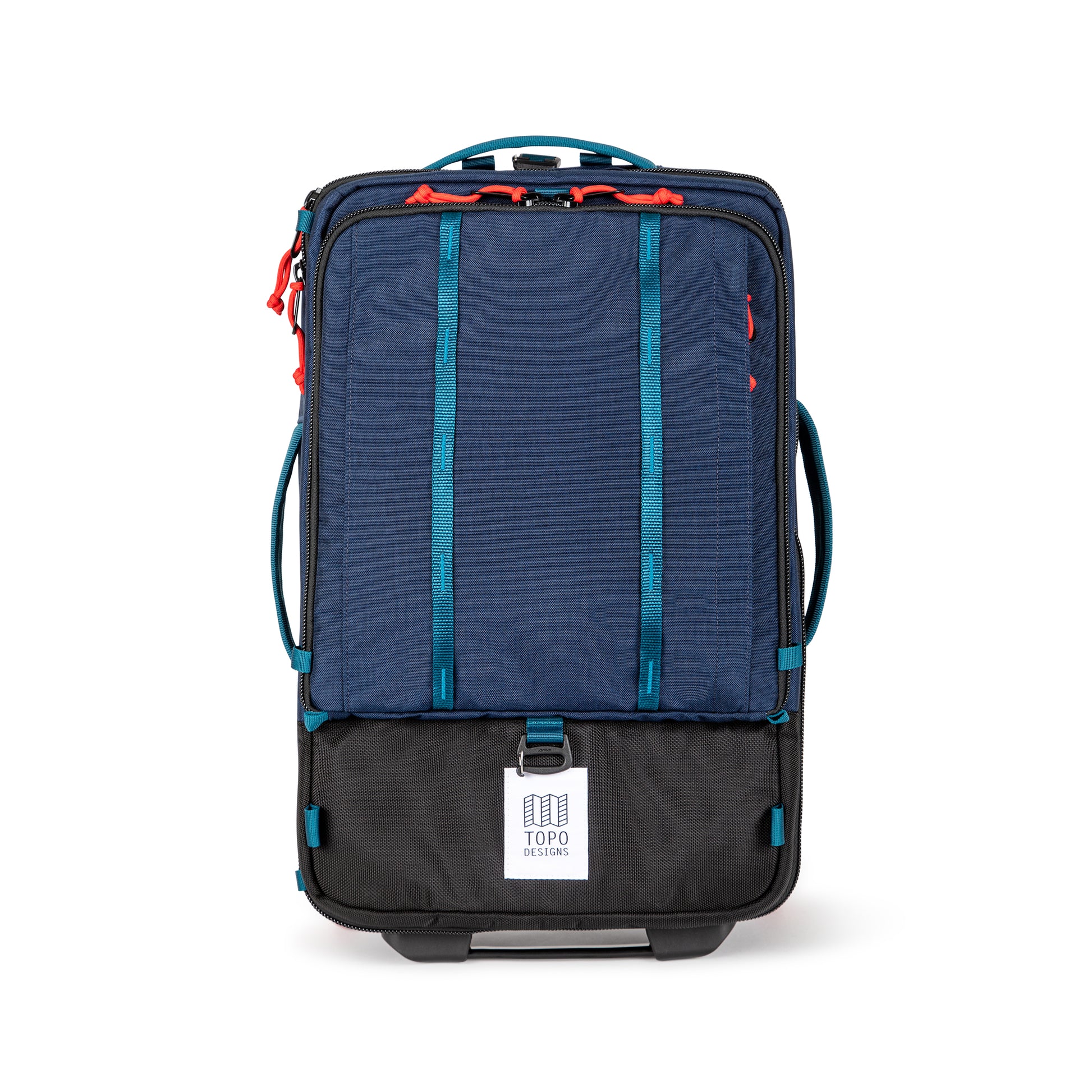 Topo Designs Global Travel Bag Roller durable carry-on convertible laptop backpack rolling suitcase in "Navy" blue.