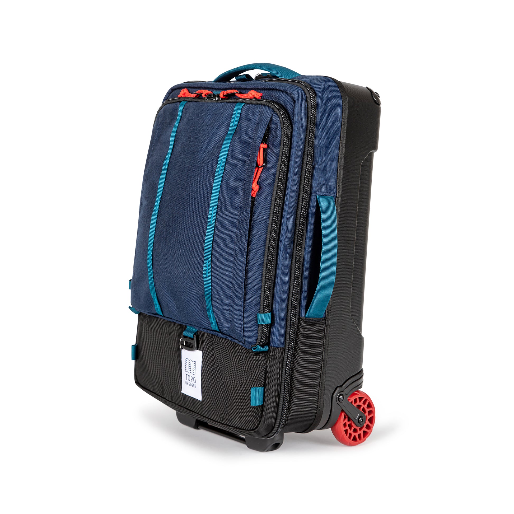 Topo Designs Global Travel Bag Roller durable carry-on convertible laptop backpack rolling suitcase in "Navy" blue.