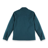 Back of Topo Designs Men's Dirt shirt Jacket in "Pond Blue".
