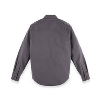 Back of Topo Designs Men's Dirt Shirt long sleeve organic cotton button-up in "Charcoal" gray.