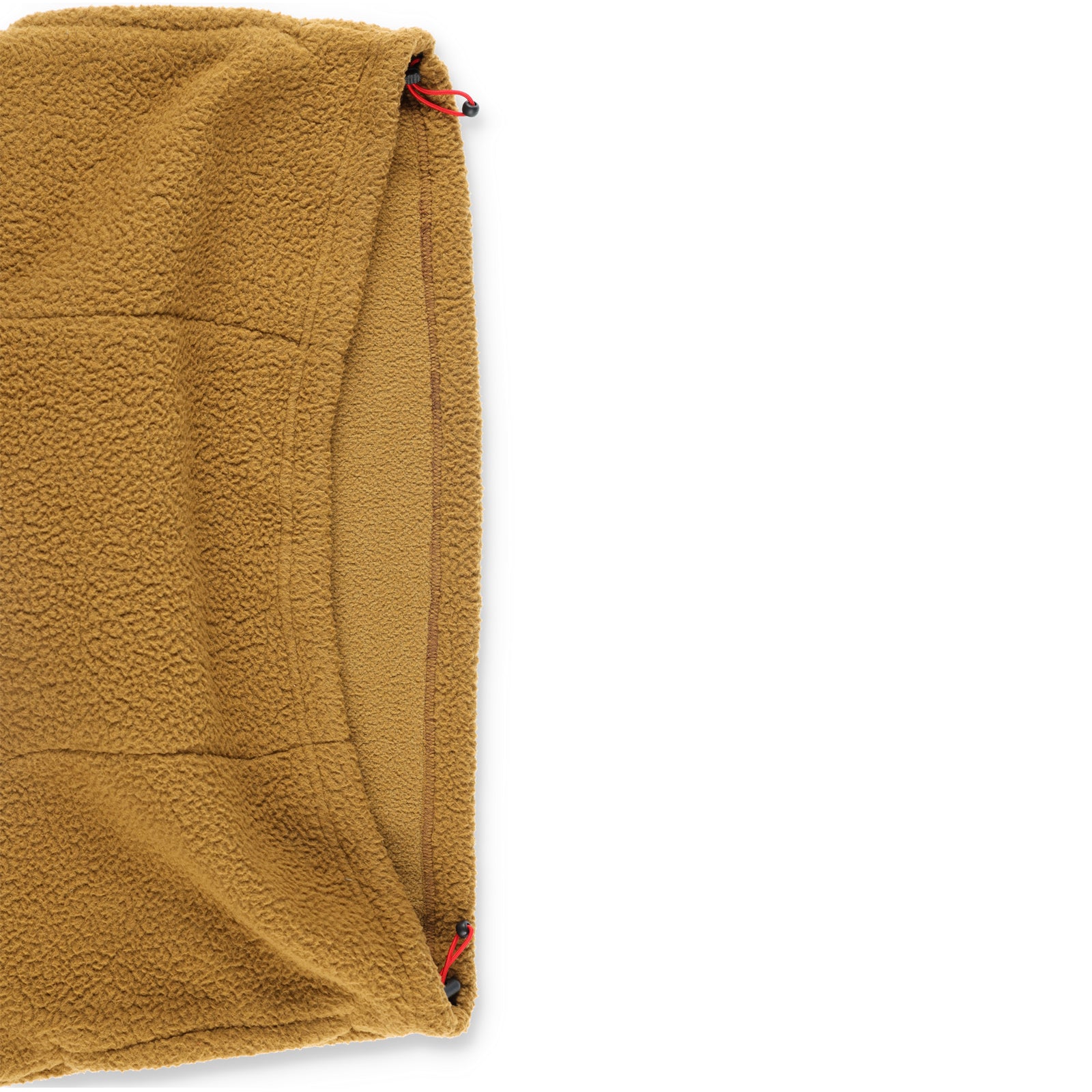 Detail shot of Topo Designs Men's Mountain Fleece Pullover in "dark khaki" brown showing drawstring cinch cord at bottom hem.