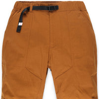 General shot of belt and front pockets on Topo Designs Men's Mountain lightweight hiking Pants Ripstop in Earth brown.