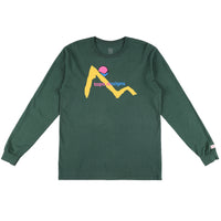 Topo Designs Men's Sunset graphic long sleeve organic cotton t-shirt in "Forest" green.